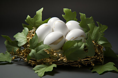 Easter Delight: Elegant White Painted Eggs Adorned with a Crown of Vibrant Green Leavesの素材