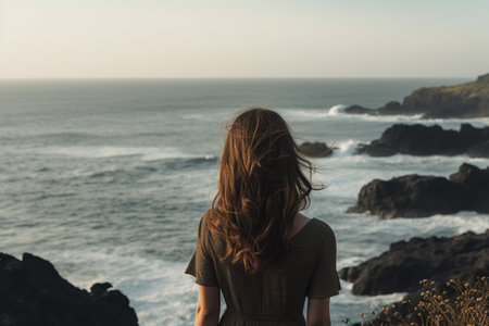Ethereal Serenity: A Woman Enthralled by the Ocean View --ar 3:2の素材