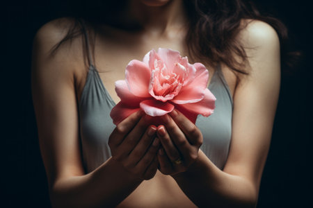 Blossoming Femininity: Woman Embracing Pink Petaled Flower --ar 3:2の素材