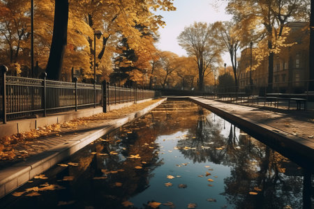 Fading Reflections: the Deserted Pool of an Urban Park in Autumnの素材