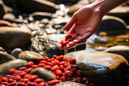 Exploring the Pristine Delights of Fresh Red Coffee Berries by a Cascading Streamの素材