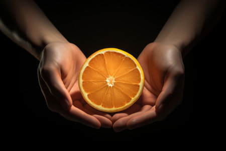 Vibrant Citrus Delight: A Person Holding Sliced Orange Fruitの素材