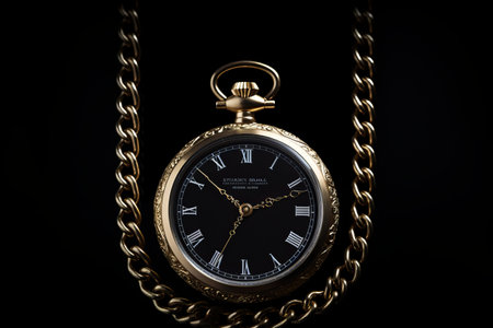 Vintage Charm: Retro Clock on Chain Adds Timeless Appeal to a Black Background (AR 3:2)の素材