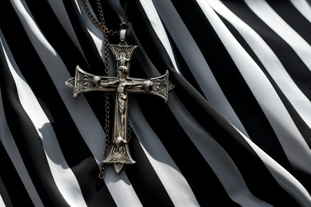 Silver Cross Pendant Shines on Striking Black and White Striped Textile --ar 3:2の素材