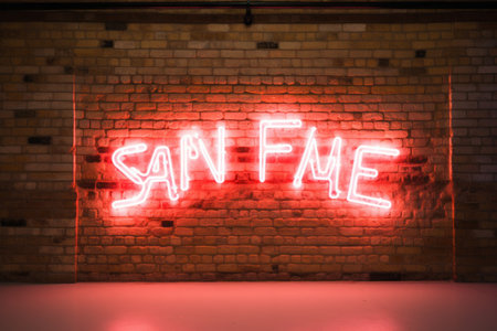 Glowing Brilliance: So Fine Neon Sign Illuminates White Brick Wallの素材