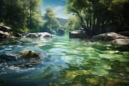 A Picture-Perfect Blend: Splashing Water Embellishes Crystal Clear River (AR 3:2)の素材
