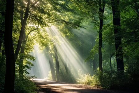 Natures Radiance: Golden Sun Rays Illuminating Verdant Treesの素材