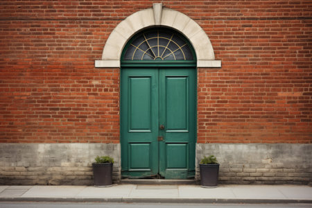Green Door Gateway: Exploring Symmetry in a 3:2 Brick Wall Imageの素材