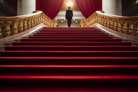 Mysterious Figure Ascending the Lavish Red-carpeted Staircase - A Captivating 3:2 Perspectiveの素材