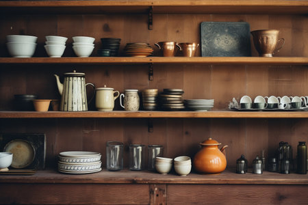 Timeless Charm: Vintage Kitchenware Adorning a Rustic Wooden Shelfの素材