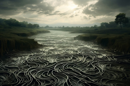 Capturing the Serene Beauty: Waved Surface of a Pond and Overcast - AR 3:2の素材