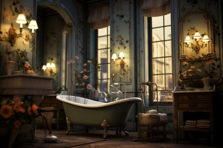 Glowing Nostalgia: Capturing a Well-Lit Bathroom in an Old-Fashioned Interior (AR 3:2)の素材