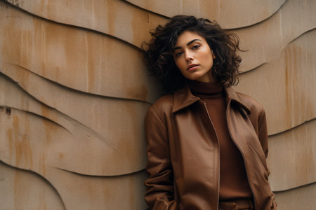 Browned Elegance: A Womans Poise against a Concrete Wallの素材