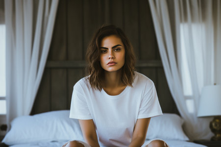 Relaxing in Comfort: Woman in White Crew Neck T-shirt Lounging on Bed - AR 3:2の素材