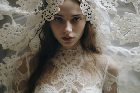 Elegance Personified: Captivating Woman Adorned in White Lace Embracing White Lace Textileの素材