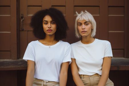 Chic Companions: A Tale of Two Women in Matching White Crew Neck T-shirtsの素材