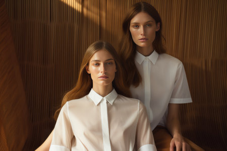 Dual Perspectives: Two Women Adorning Identical White Shirts - ar 3:2の素材