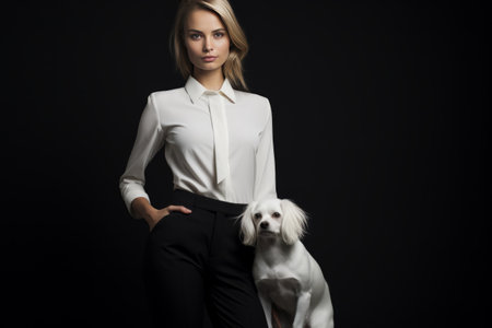 The Graceful Encounter: A Woman in a White Shirt and Black Pants Embracing her Long Coated Small Whiの素材