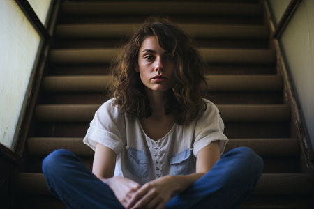 Stylish Serenity: A Woman in a White Shirt and Blue Denim Jeans Lounges on a Luxurious Brown Carpetの素材