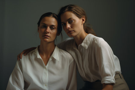 Duality of White: A Captivating Encounter Between Two Women in White Shirtsの素材