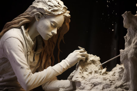 Feminine Mastery Unveiled: Captivating Woman Engages in Artistic Plaster Sculpting with a Gleaming Mの素材