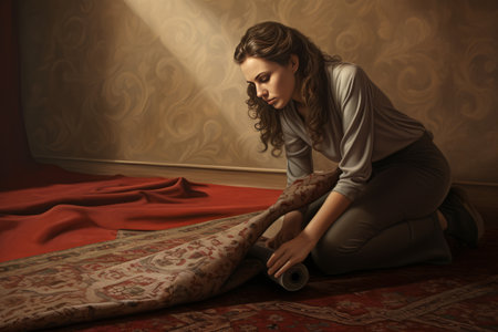 Cultural Traditions Unveiled: Capturing the Graceful Artistry of a Woman Rolling Up a Carpetの素材