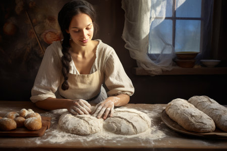 Baking Bliss: A Woman Proudly Displays Her Homemade Bread Amidst a Flour-Dusted Tableの素材