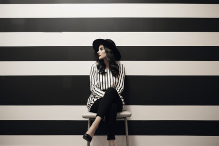 Captivating Contrast: A Woman Engaged Near a Black and White Striped Wall --ar 3:2の素材