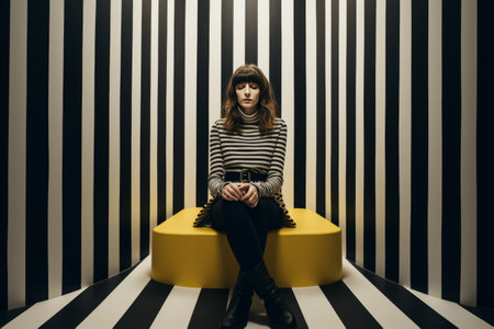 Elegance Embodied: A Woman Enthralls in Front of a Striking Black and White Striped Wallの素材
