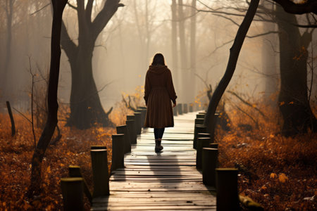 Journey of a Woman on the Enchanting Wooden Pathwayの素材