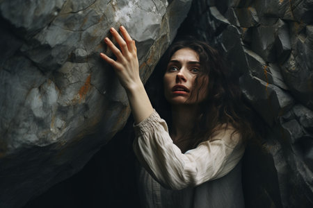 Embracing Natures Resilience: A Womans Connection with a Rough Rock --ar 3:2の素材