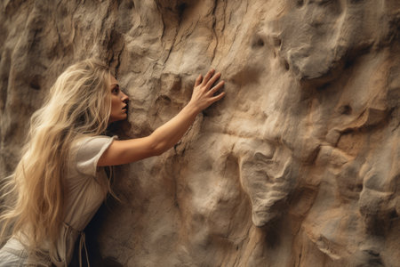 Embracing the Elements: A Womans Encounter with a Rough Rockの素材