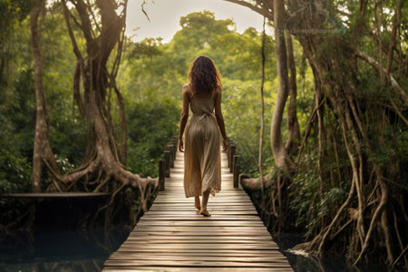 Journey of Independence: Woman Steps onto Wooden Pathway --ar 3:2の素材