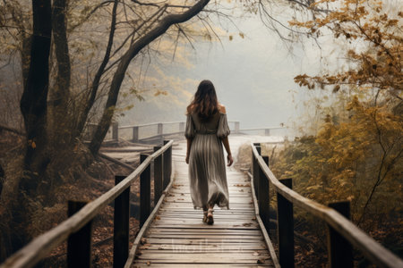 The Graceful Journey: A Womans Stroll on a Serene Wooden Pathwayの素材