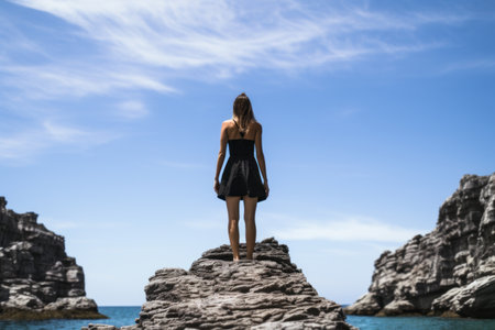 Elegance Amidst Nature: Woman in Black Swimsuit Poses Gracefully on a Rock - AR 3:2の素材