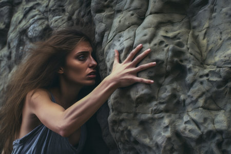 Gentle Hands Conquer the Unyielding: Womans Touch on a Rough Rock - AR 3:2の素材
