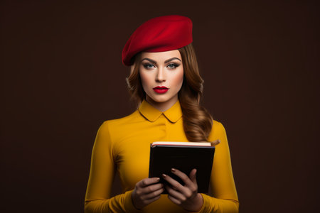 Cosmopolitan Charm: A Womans Artistic Stance with a Vibrant Yellow Bookの素材