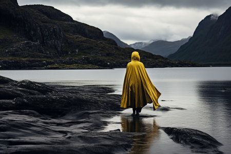 Vibrant Woman Embracing Nature: Exploring the Serenity of a Lake from a Yellow Raincoat on a Mysteriの素材