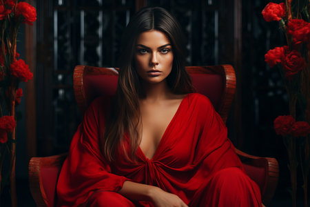 Crimson Elegance: A Woman in her Scarlet Veil - art piece 3:2の素材