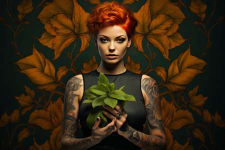 Inked Beauty Embracing Nature: Tattooed Woman Holding Leaves - AR 3:2の素材