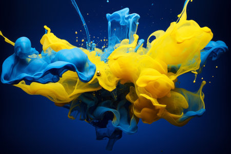 Mesmerizing Motion: The Spectacular Blend of Yellow and Blue Paint in Waterの素材