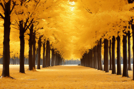 A Vibrant Journey: Exploring the Majestic Yellow Trees --ar 3:2の素材