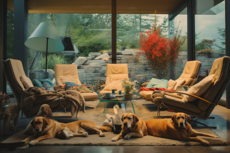 Serene Scene: Captivating Pooches Relaxing in a Contemporary Living Roomの素材