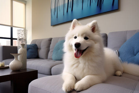 Elegantly Adorable: A Samoyed's Presence in a Modern Living Roomの素材