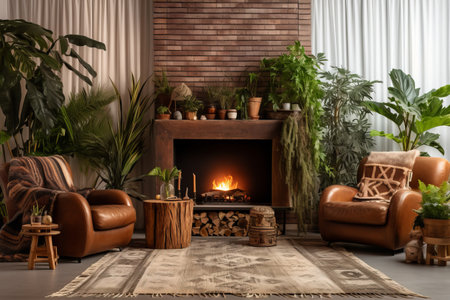 Boho Chic: A Vibrant Apartment with a Bright Living Room, Brown Couch, and Earthy Elementsの素材