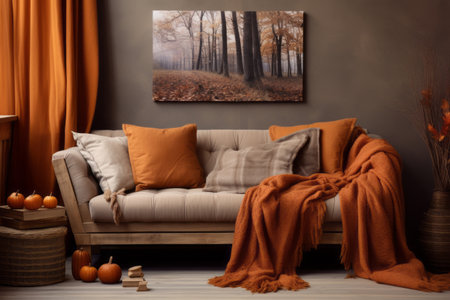 Cozying Up for Fall: A Warm Autumn Living Room Oasis with Sofas and Blankets, Enhanced by a Charmingの素材