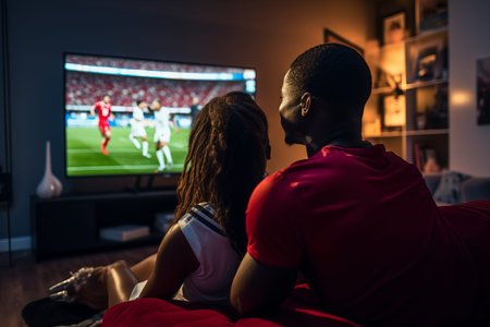 Passionate Black Football Fans Enjoying a Night of Professional Soccer from the Comfort of Homeの素材