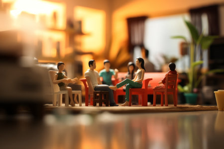 Blurred Image of People Relaxing in a Vibrant Living Room: Perfect Background for a Lively Ambienceの素材