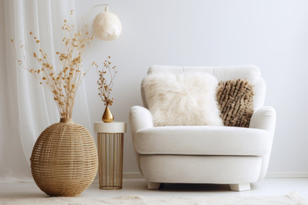 Cozy Boho Living Room Decor: Embrace Style with White Boucle Armchair, Designer Pouf, and Gold Accenの素材