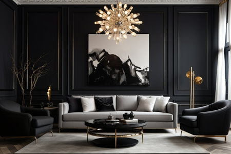 Stylish Elegance: A Chic Black Chandelier Meets a Contemporary Living Room Ambienceの素材
